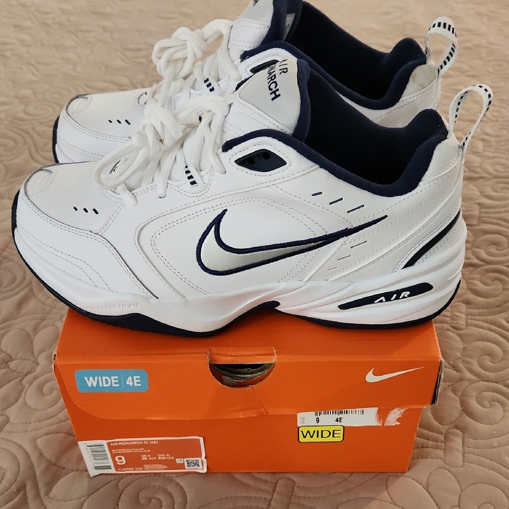 Nike White and Blue Air Monarch Sneakers